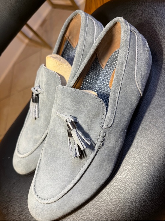 Bar III Light Gray Suede Tassel Loafers with Tan Accents Sz 10 main image 5